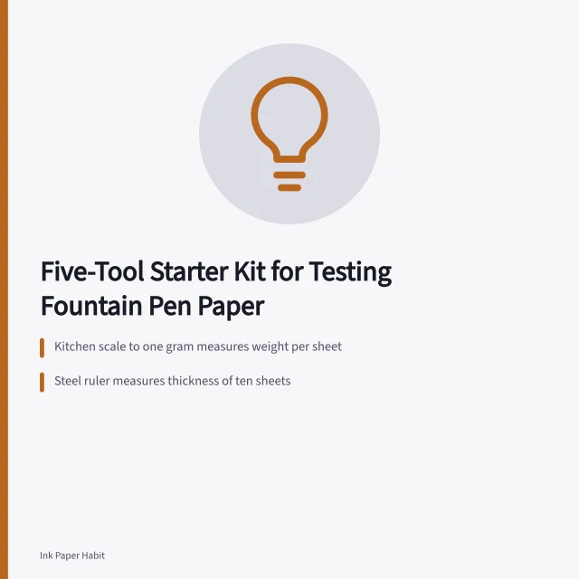 Five tools for testing fountain pen paper: scale, ruler, lamp, loupe, control pen. A five-tool starter kit for testing fountain pen paper