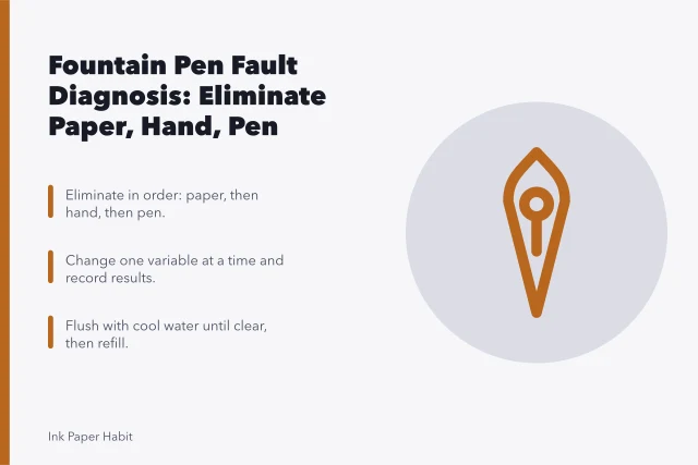 Card outlining fountain pen troubleshooting steps: paper, hand, pen elimination. 5 things to weigh up on fountain pen mistakes
