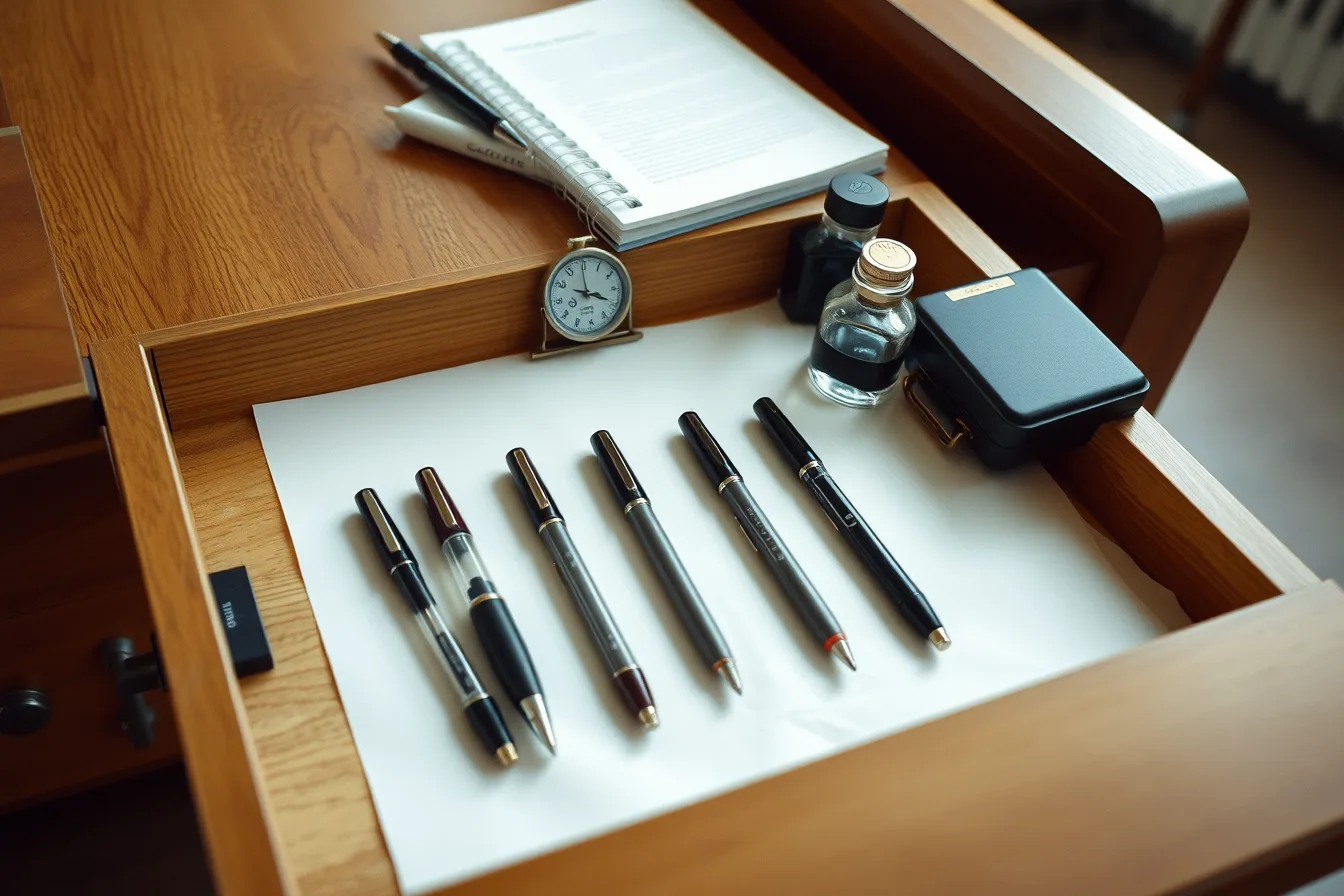 Open lined drawer holding fountain pens, ink bottles, notebook and hygrometer. Where should pen storage actually sit in a room?