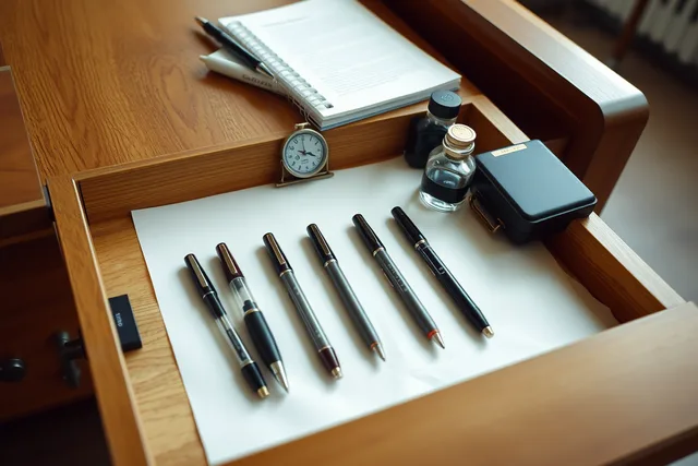 Open lined drawer holding fountain pens, ink bottles, notebook and hygrometer. Where should pen storage actually sit in a room?