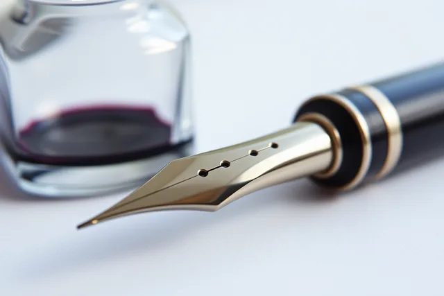 Fountain pen nib beside an ink bottle and converter in daylight. Canadian Fountain Pen Retailers Online: A Province-by-Province Comparison
