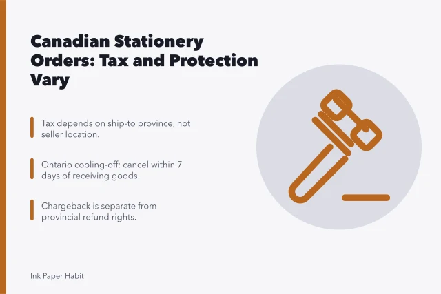 Card comparing Canadian provincial sales tax and consumer protection for stationery orders. Is your Canadian stationery order taxed and protected the same in every province?