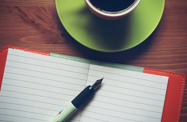 notepad, coffee, pen, fountain pen, empty notebook, empty pages, pages, open notebook, journal, diary, notebook, notes, write, notepad, notepad, pen, pen, journal, journal, journal