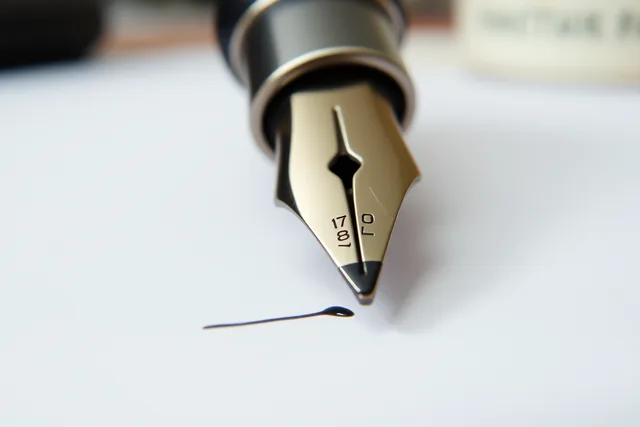 Close view of a fountain pen nib and feed laying an ink line on paper. Do these eight fountain pen faults have real fixes?