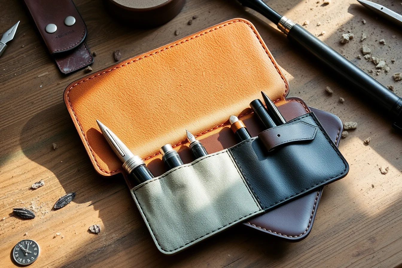 Open handmade leather pen case with individual sleeves holding fountain pens. Building pen storage by hand, the simple guide small workshops use