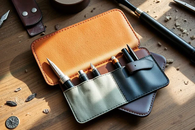 Open handmade leather pen case with individual sleeves holding fountain pens. Building pen storage by hand, the simple guide small workshops use