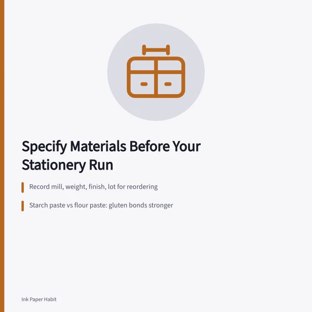 Card: specify materials, compare starch and flour paste, test combinations monthly. Choosing paper, adhesive and covers for a small stationery run