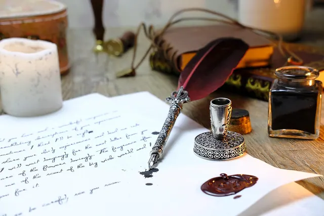 feather, write, communicate, communication, letter, fountain pen, pen, writing implement, ink, inkwell, seal, sealed, leaf, nature, paper