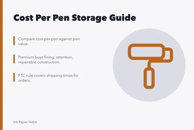Card comparing storage costs per pen and premium features. Working out a fair cost per pen for any storage option