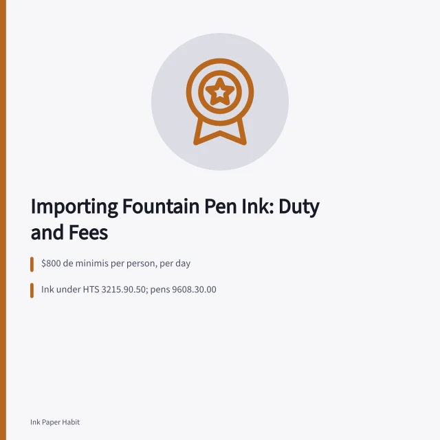 Card explaining US import duty, HTS codes and carrier fees for fountain pen ink. Importing Fountain Pen Ink Into the US: Customs, Duty and Fees Explained