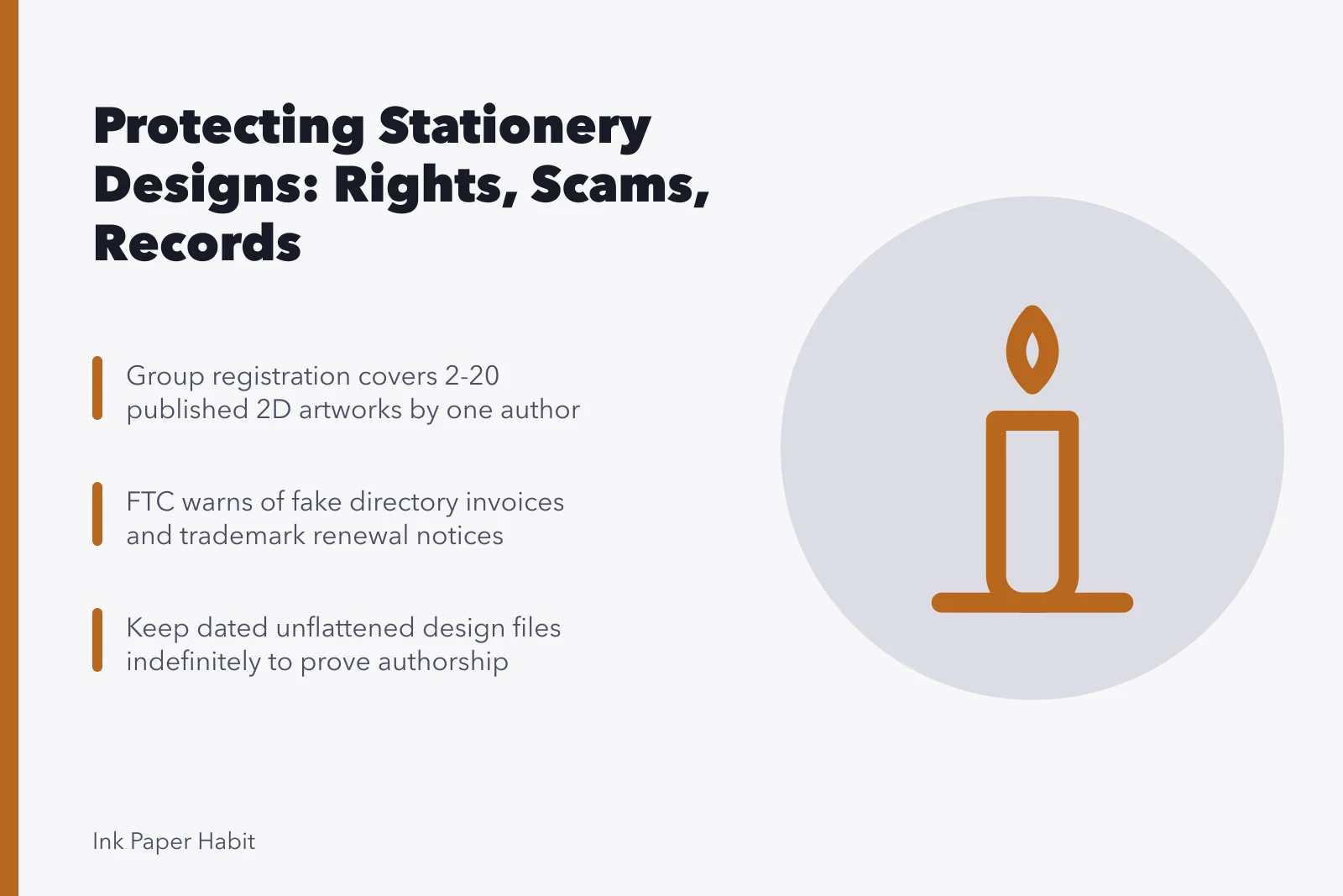 Card on design rights, seller scams, and record keeping for stationery makers. Protecting your own designs: a beginner project in stationery rights