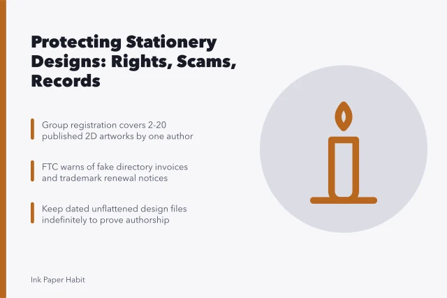 Card on design rights, seller scams, and record keeping for stationery makers. Protecting your own designs: a beginner project in stationery rights
