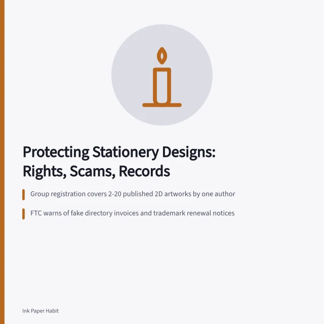 Card on design rights, seller scams, and record keeping for stationery makers. Protecting your own designs: a beginner project in stationery rights