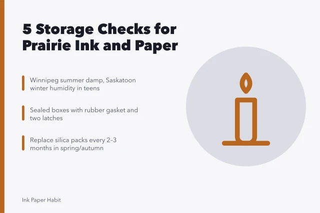 Card: 5 storage checks for ink and paper through prairie humidity swings. 5 storage checks for ink and paper through Winnipeg and Saskatoon humidity swings