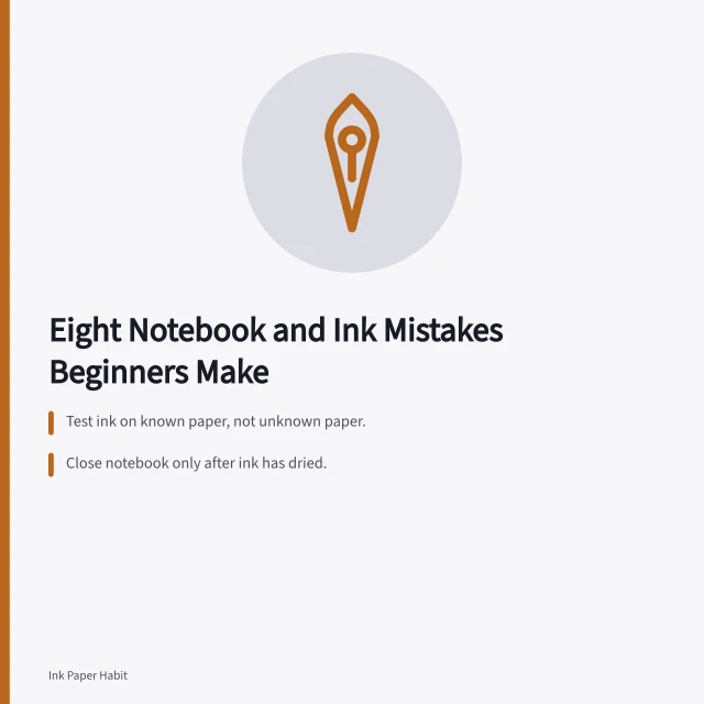 Card listing eight common notebook and ink mistakes for beginners. Eight notebook and ink mistakes first-timers keep making