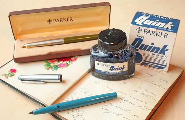 Parker fountain pens and Quink permanent Blue-Black ink Solv-X. How Canada Post rates and packaging rules affect selling or trading pens and ink