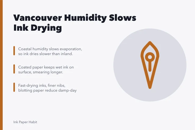 Card explaining Vancouver humidity's effect on fountain pen ink drying time. Vancouver rain and Pacific Northwest humidity, and what they do to ink drying time