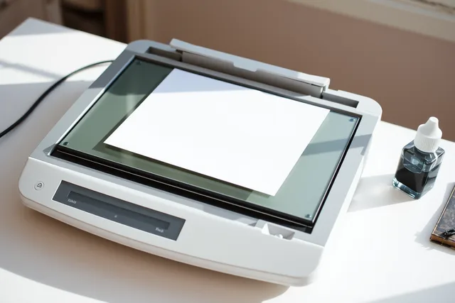 Flatbed scanner with handwritten ink test sheet on its glass. What to buy first for testing ink at home: a closer look