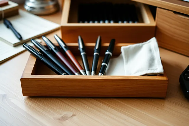 Shallow tray, cotton sleeve and lined drawer holding fountain pens. 5 pointers on pen storage products that hold up