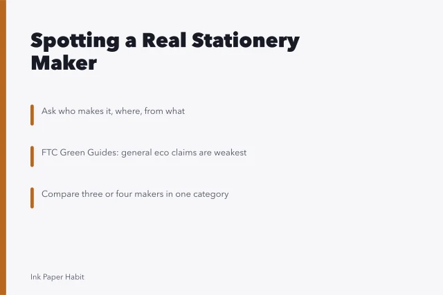 Card on vetting stationery makers: who, where, materials, environmental claims. Does a real stationery maker look any different from a rebadged import?