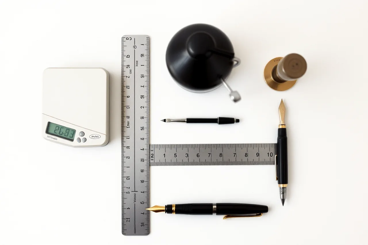 Five paper testing tools: kitchen scale, steel ruler, angled lamp, loupe, and fountain pen (A five-tool starter kit for testing fountain pen paper)