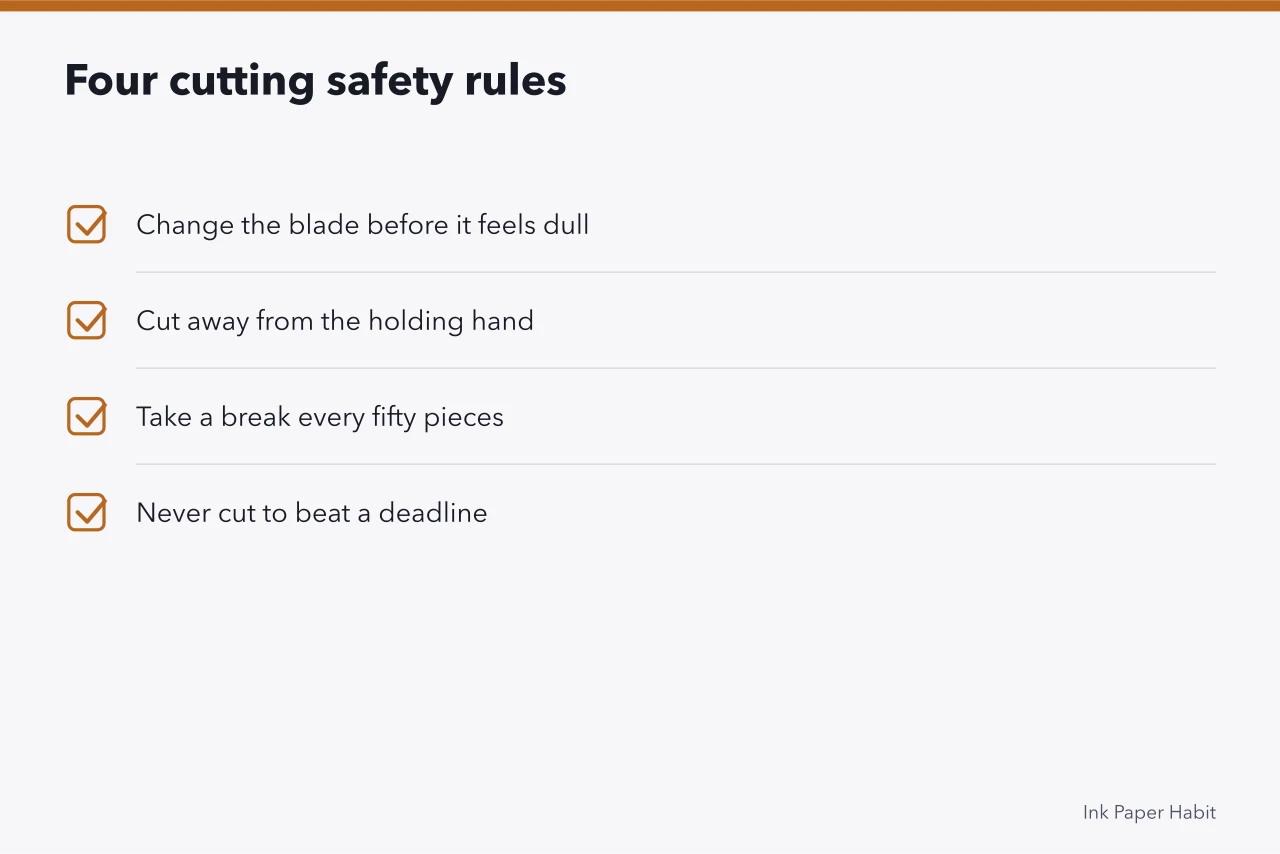 Checklist of four safety rules for cutting stationery in quantity (What belongs in a first-run stationery tool kit?)