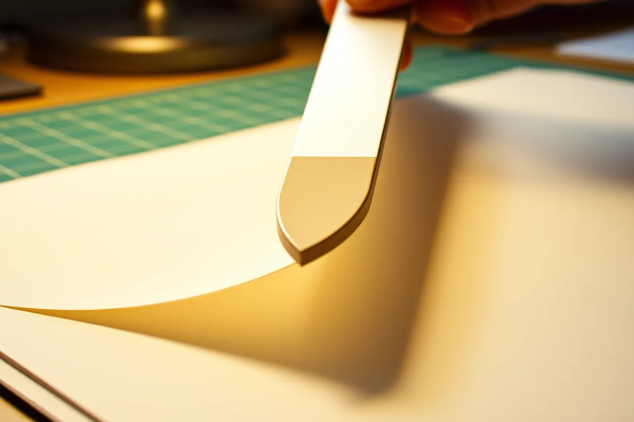 Bone folder pressing a crisp fold into a sheet of paper (Stationery collections: what to own before the paper arrives)