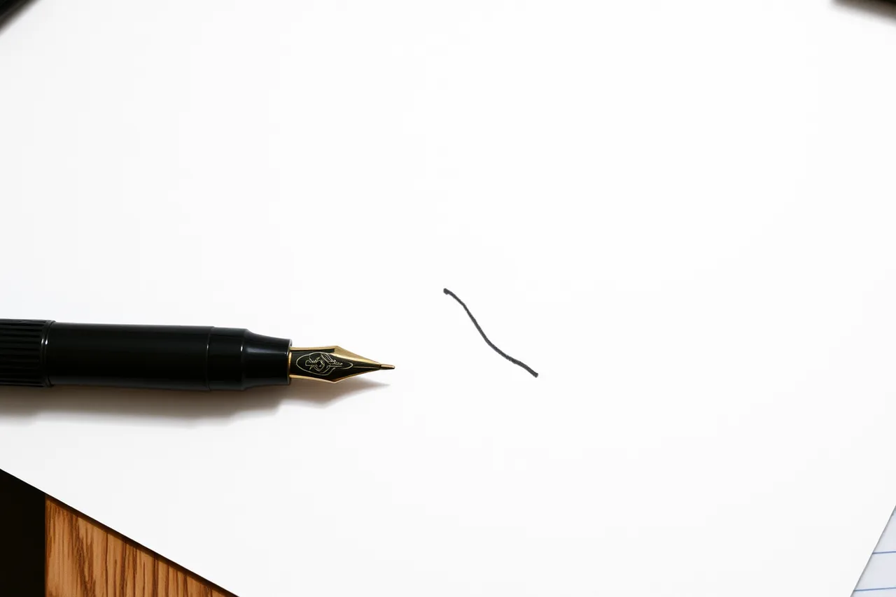 Fountain pen writing under angled lamp, shadow falling away from the line (Fountain pen setups: fitting everything onto one shelf)
