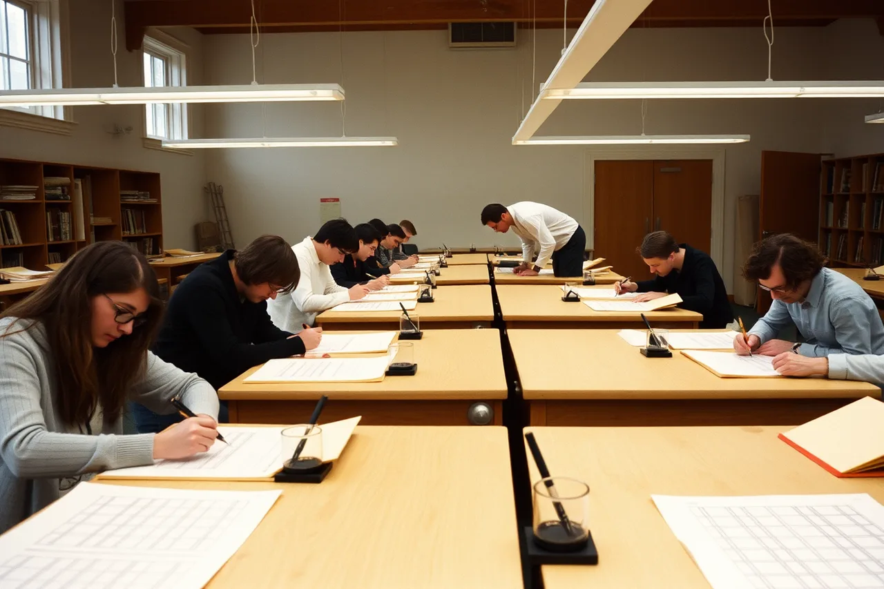 Calligraphy classroom with long tables, angled boards, dip pens and practice sheets (How to find a fountain pen or lettering class worth your time)