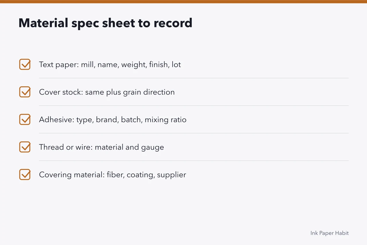 Checklist of five stationery materials and the details to record for each (Choosing paper, adhesive and covers for a small stationery run)