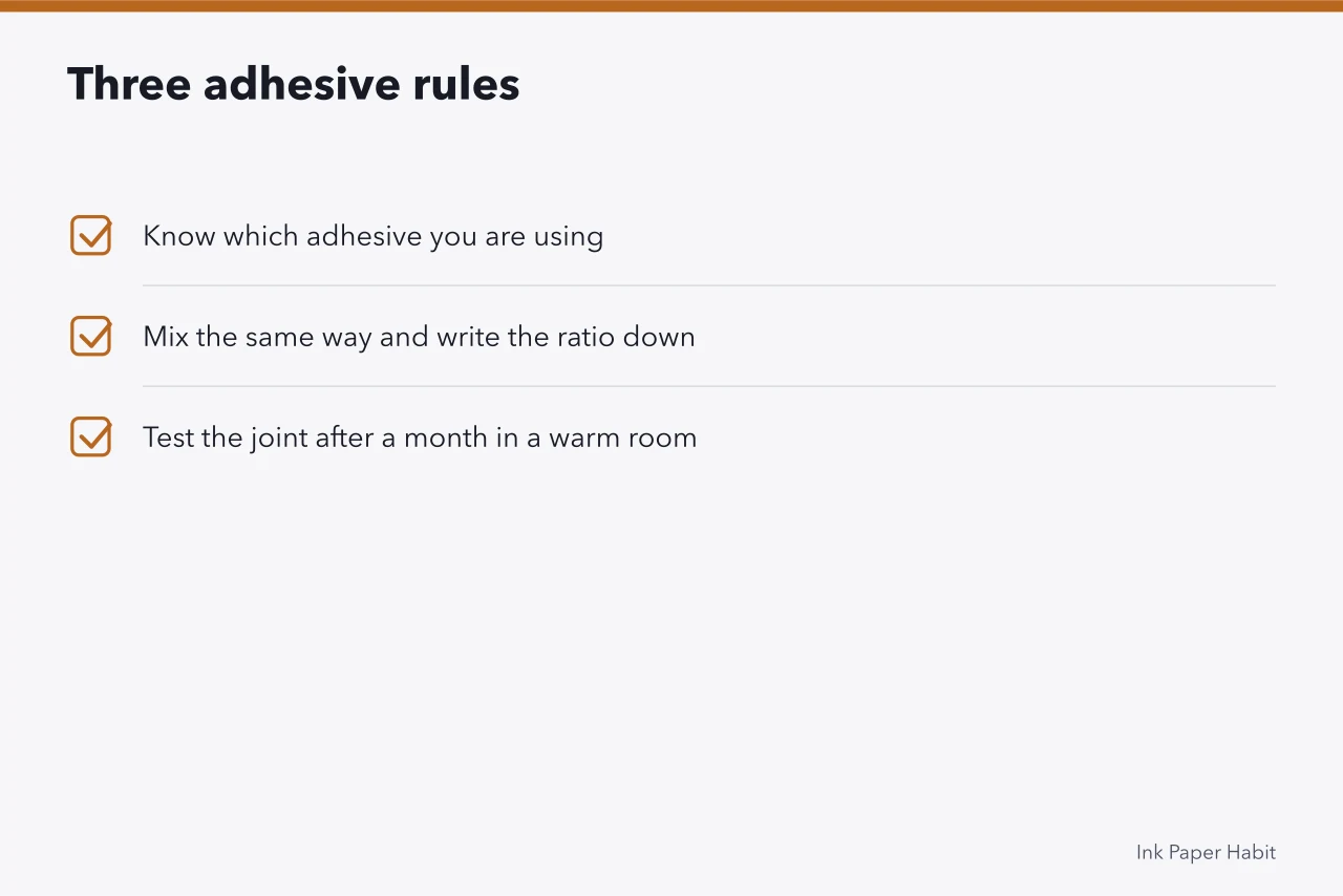 Three rules for using adhesive consistently in handmade stationery (Choosing paper, adhesive and covers for a small stationery run)