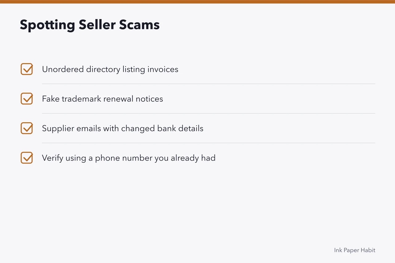 Checklist of common scam mail types targeting small stationery sellers (Protecting your own designs: a beginner project in stationery rights)
