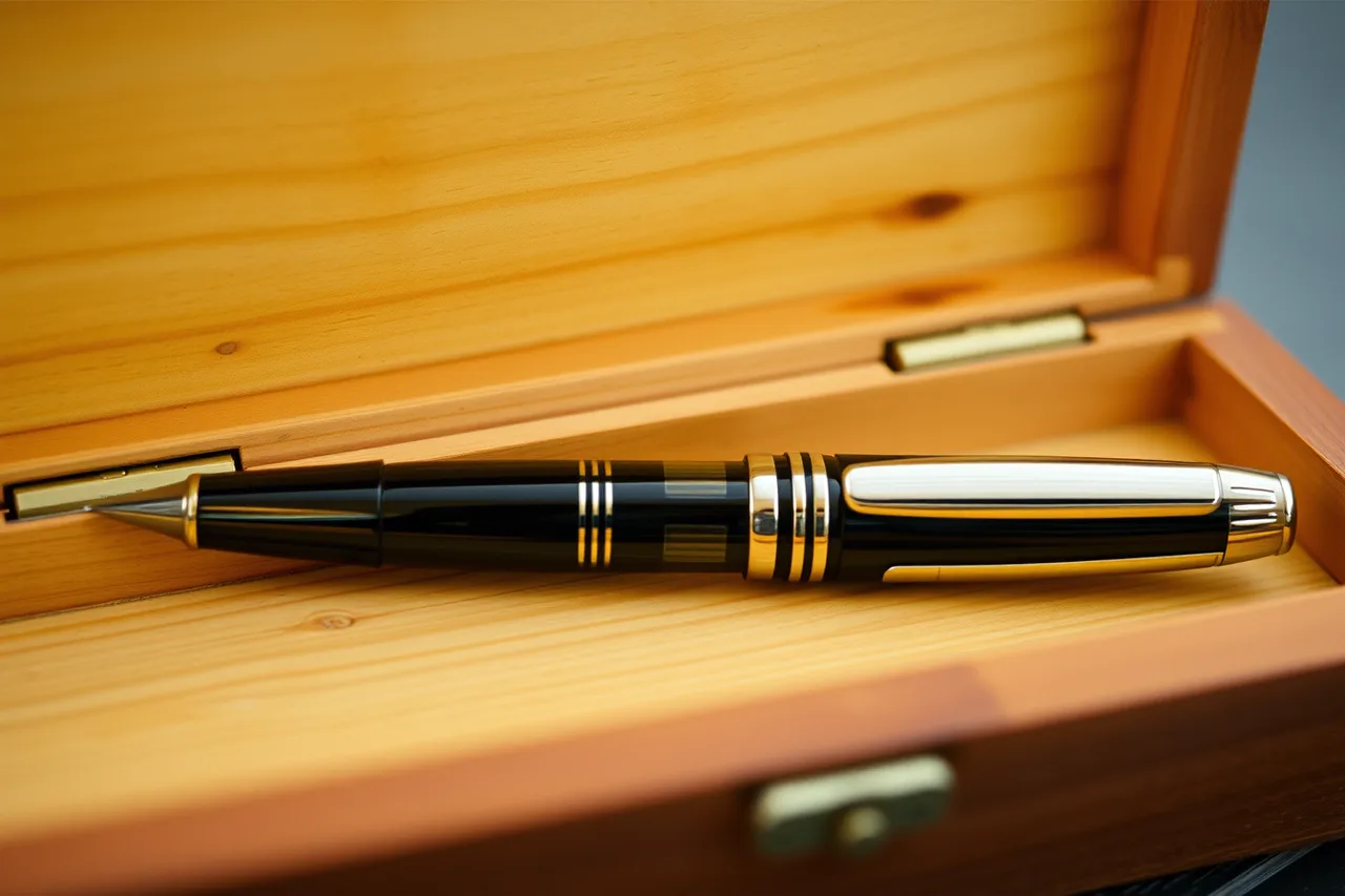 Unsealed wooden pen box holding a plated fountain pen with exposed nib (Can pen storage earn its price, or is it just decoration?)